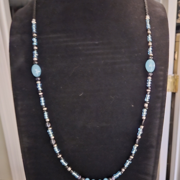 Boho Aqua Marine & Black Spiked 30" Beaded Necklace - Picture 9 of 10